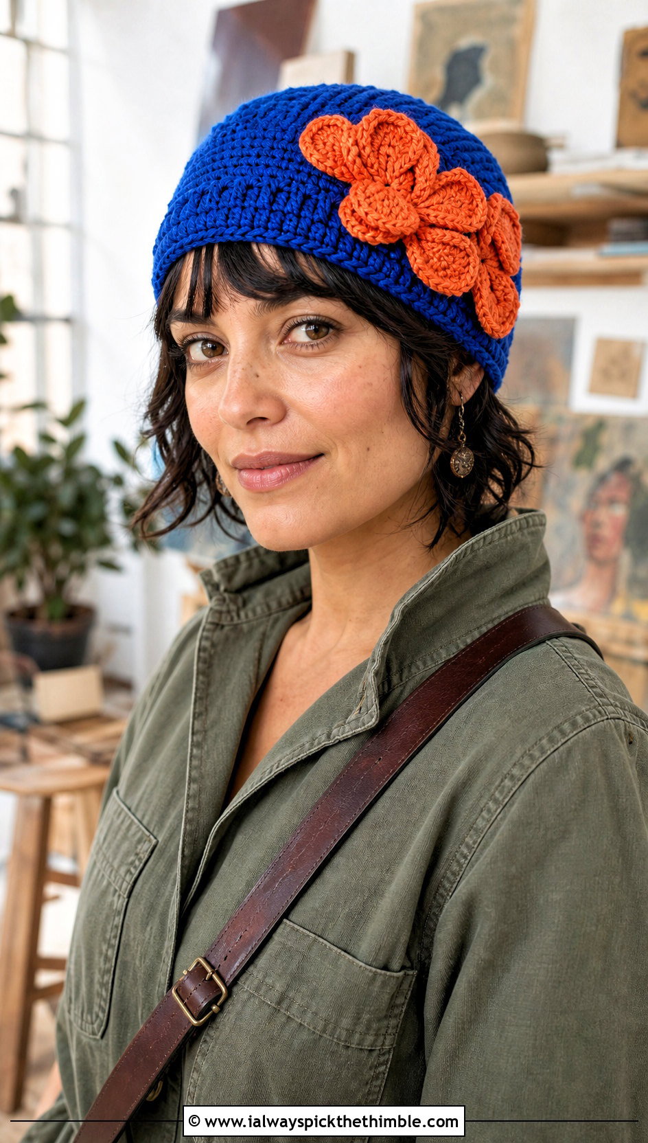 Flower Applique Crochet Cap With Utility Jumpsuit - 25 crochet caps outfit ideas