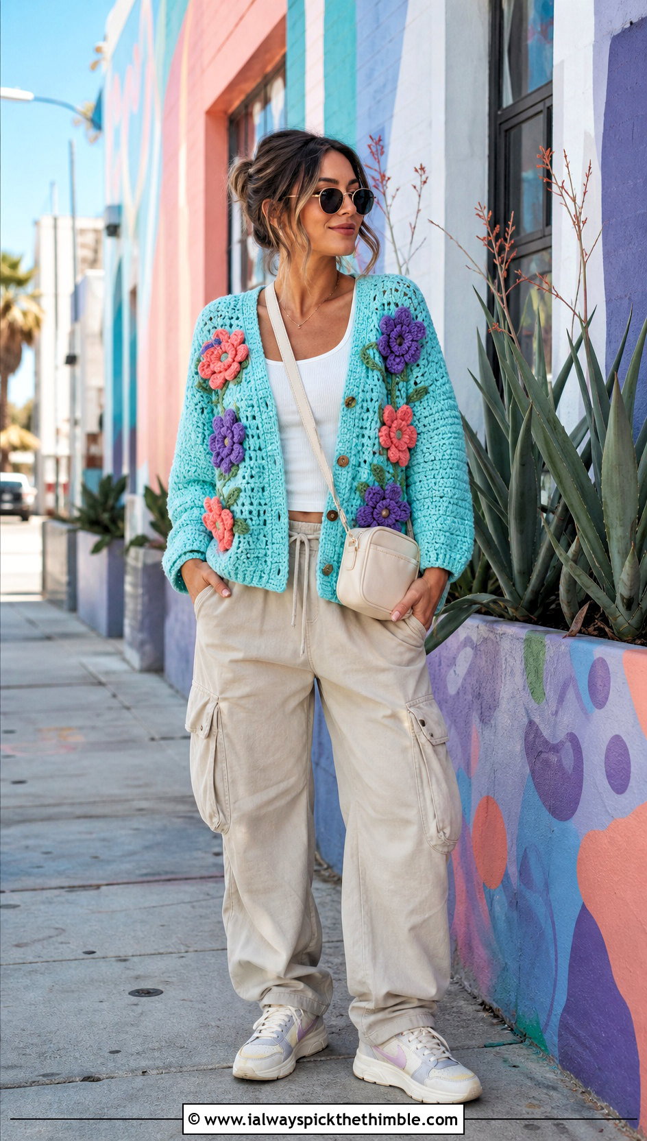 Flower Applique Crochet Cardigan With Cargo Pants - 15 very easy crochet cardigan outfit ideas