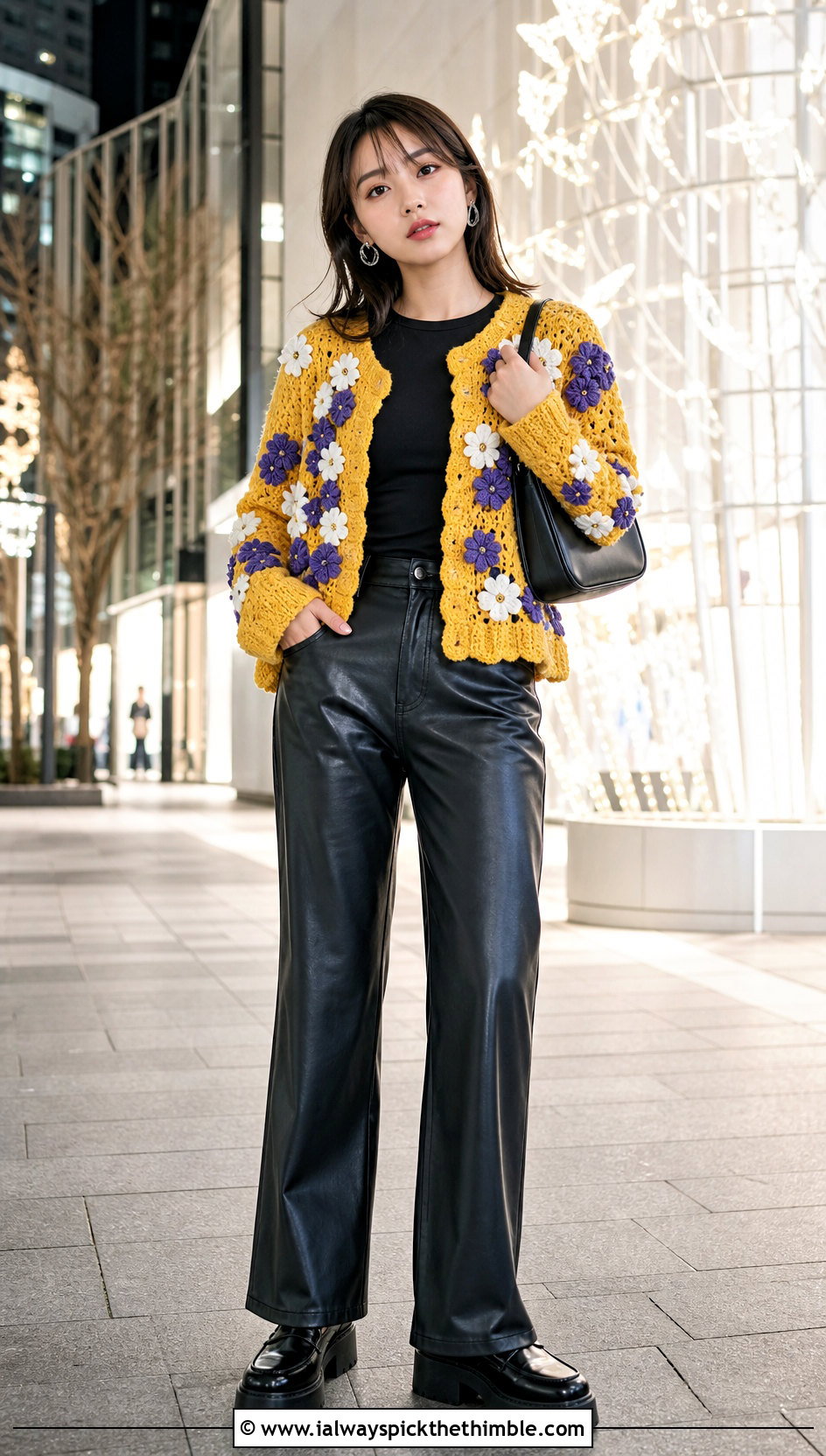 Flower Applique Crochet Cardigan With Leather Pants - 20 kawaii crochet cardigan outfit ideas