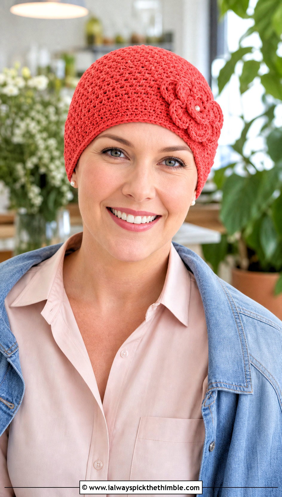Flower Applique Crochet Chemo Cap With Shirt Dress - 25 crochet chemo caps outfit ideas