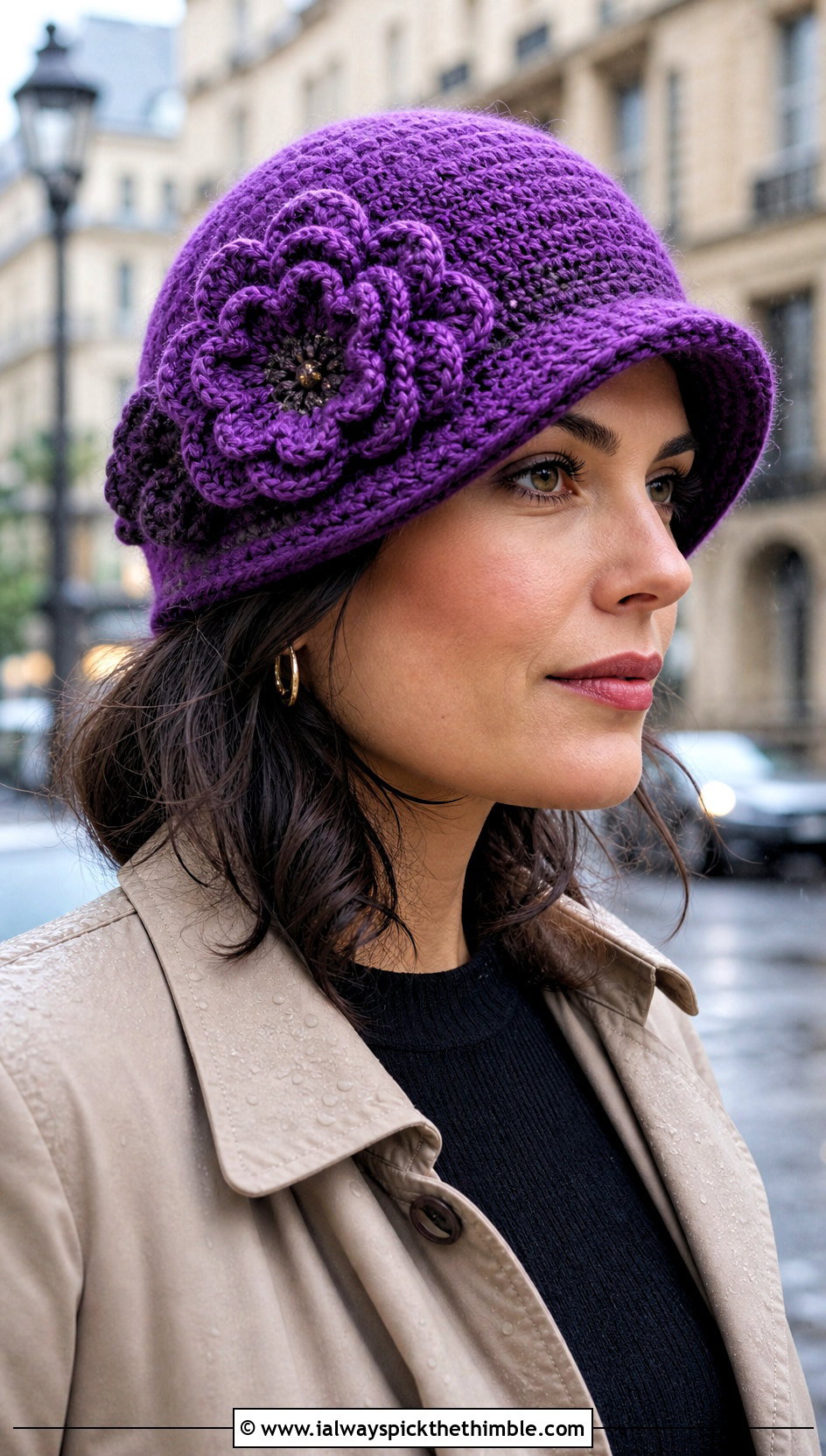 Flower Applique Crochet Cloche Hat With Trench Coat - 25 crochet cloche hat outfit ideas