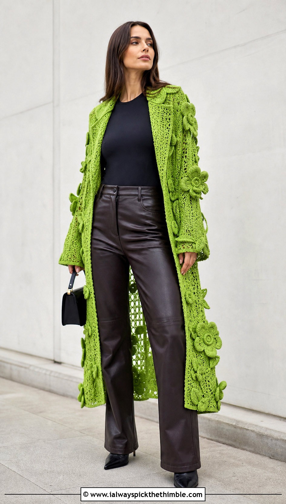 Flower Applique Crochet Coat With Leather Pants - 15 stylish crochet coat design outfit ideas