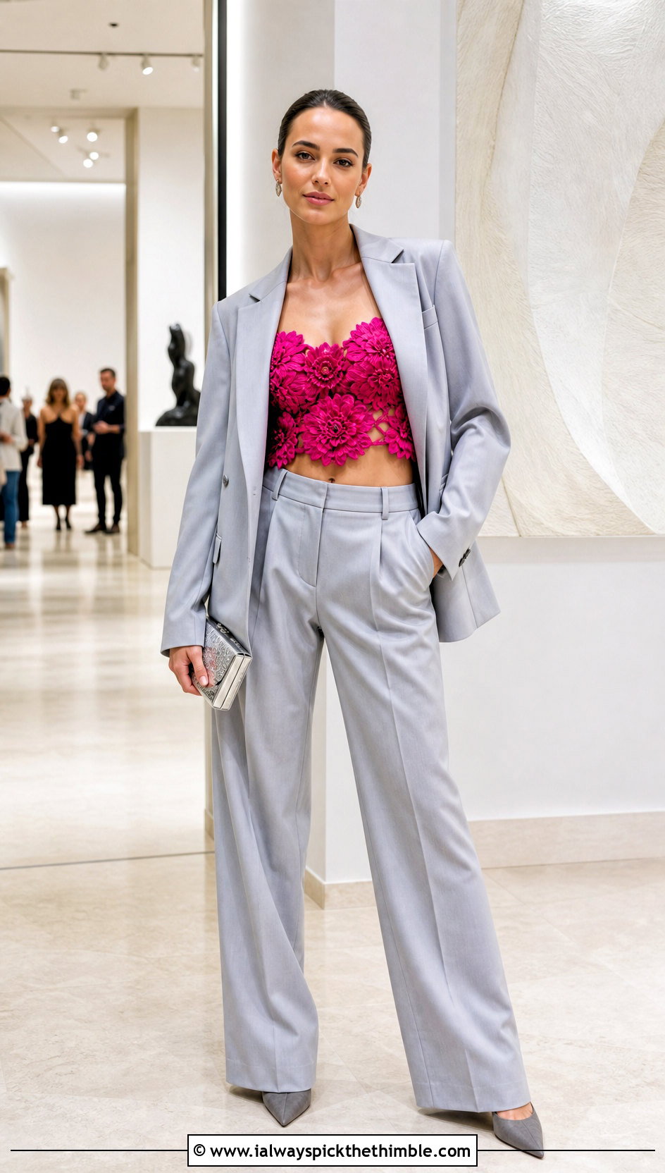 Flower Applique Crochet Crop Top With A Pantsuit - 25 crop crochet top outfit ideas