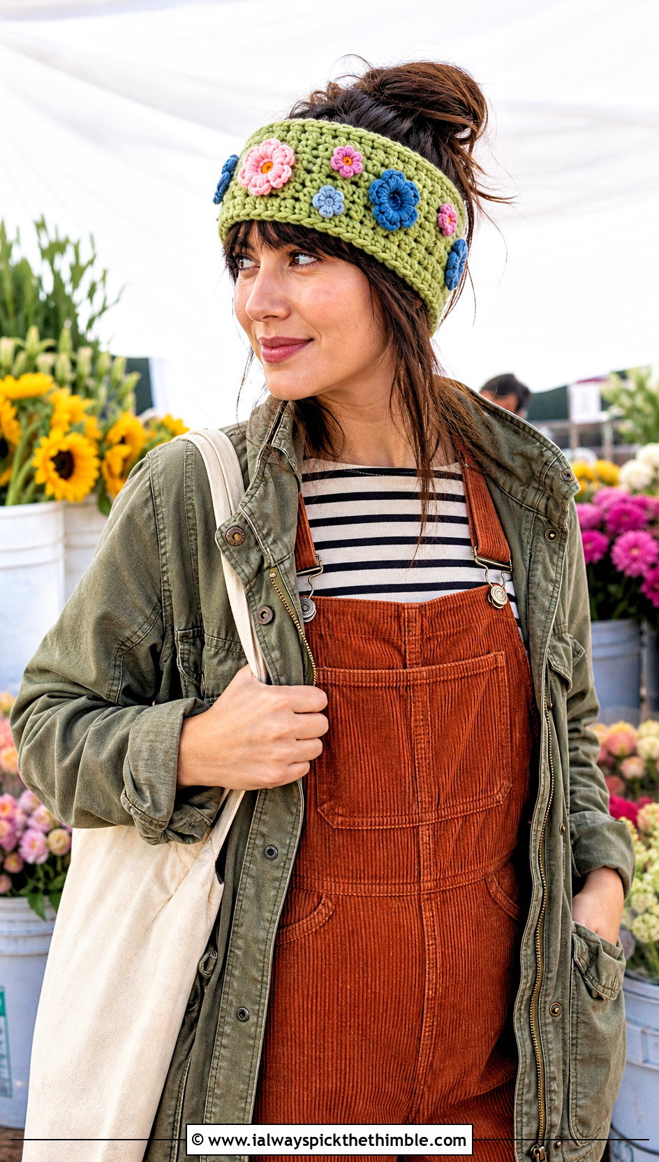 Flower Applique Crochet Crown Ear Warmer With Utility Jacket And Overalls - 20 crochet crown ear warmer outfit ideas