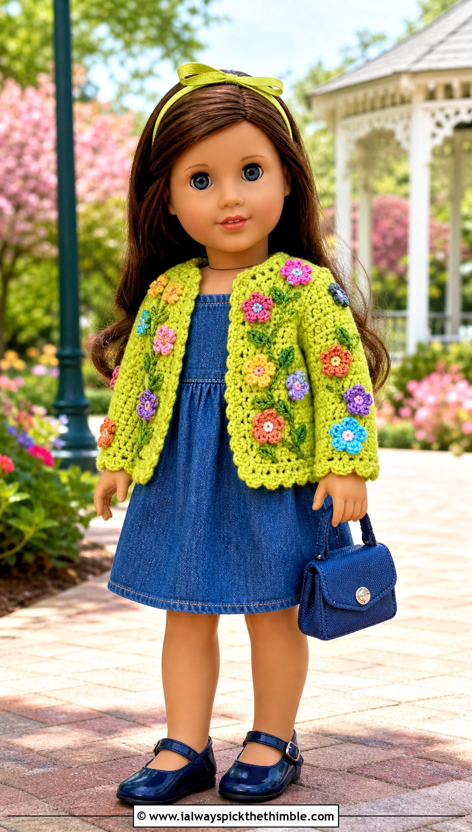 Flower Applique Crochet Doll Cardigan With Denim Dress - 20 crochet doll cardigan outfit ideas