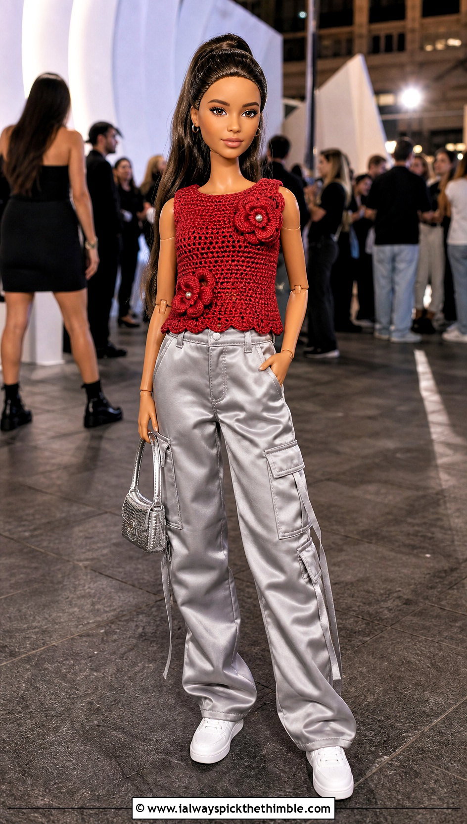 Flower Applique Crochet Doll Shirt With Satin Cargo Pants - 25 crochet doll shirt outfit ideas