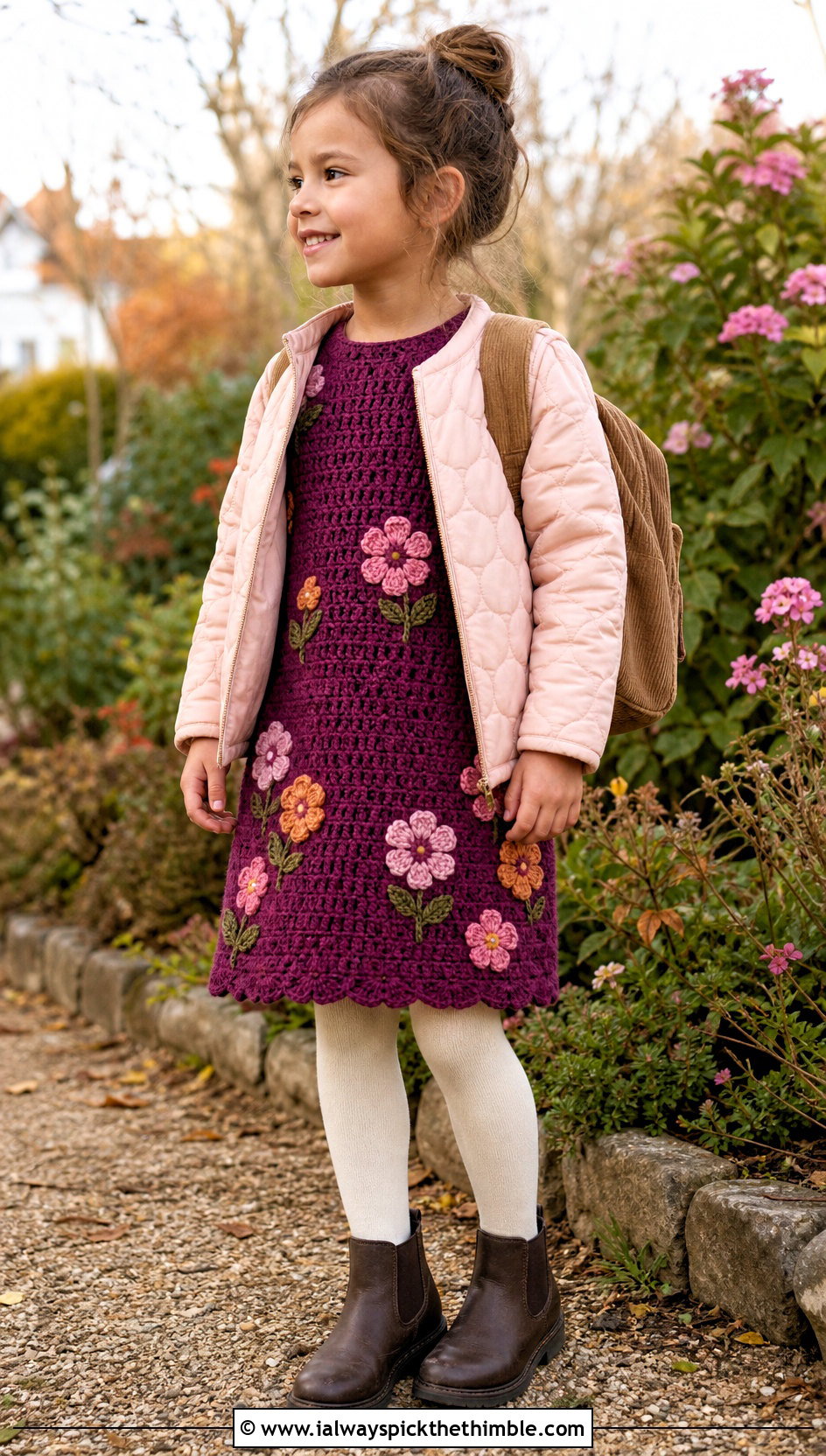 Flower Applique Crochet Dress With Quilted Jacket - 15 Crochet Childs Dress outfit ideas