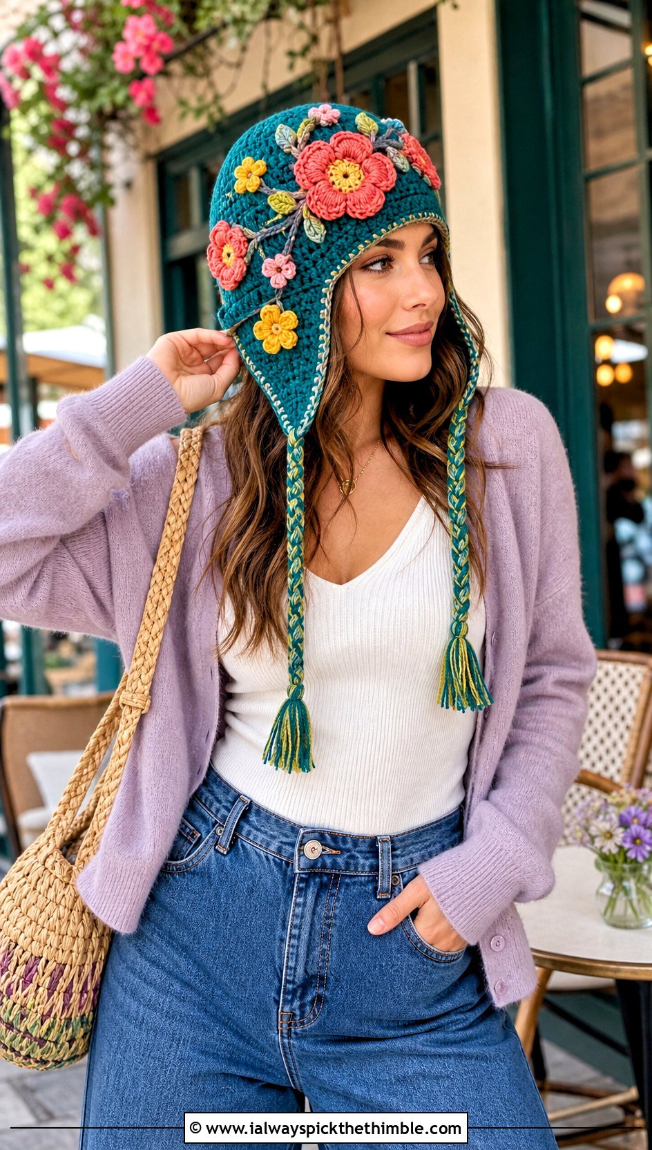 Flower Applique Crochet Ear Flap Hat With Cardigan And Jeans - 20 crochet ear flap hat outfit ideas