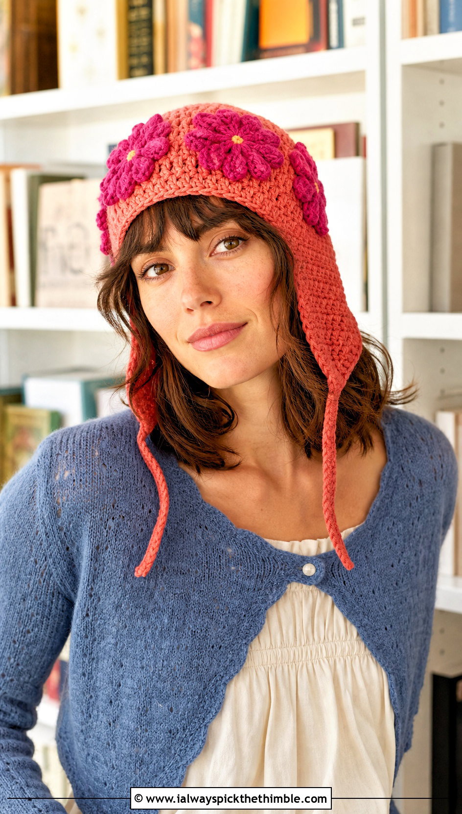 Flower Applique Crochet Ear Flap Hat With Midi Skirt - 20 crochet adult ear flap hat outfit ideas