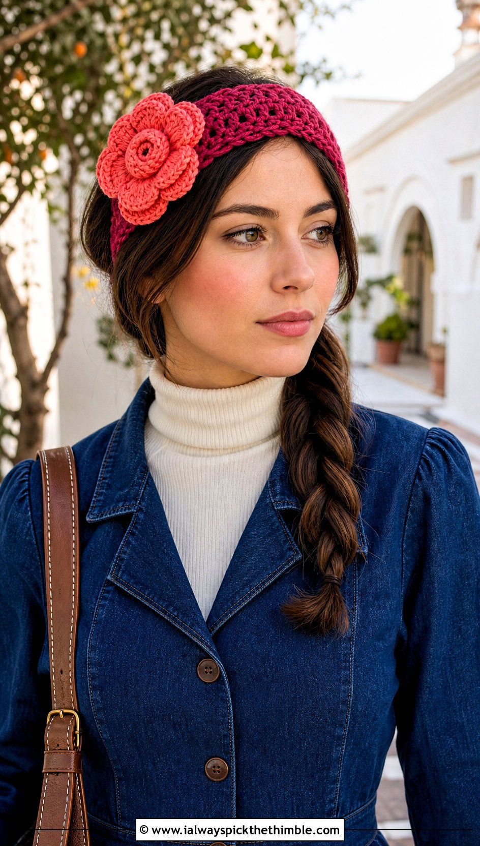 Flower Applique Crochet Ear Headband With Denim Dress - 20 crochet ear headband outfit ideas