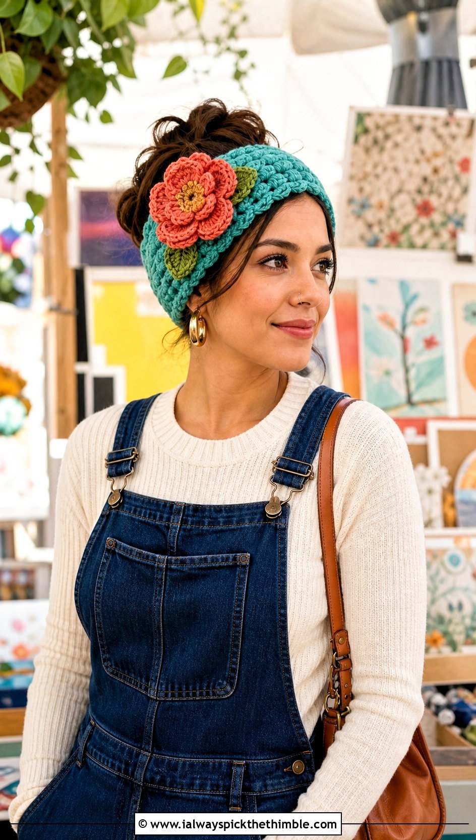 Flower Applique Crochet Ear Warmer With Overalls - 25 Easy Crochet Ear Warmer outfit ideas