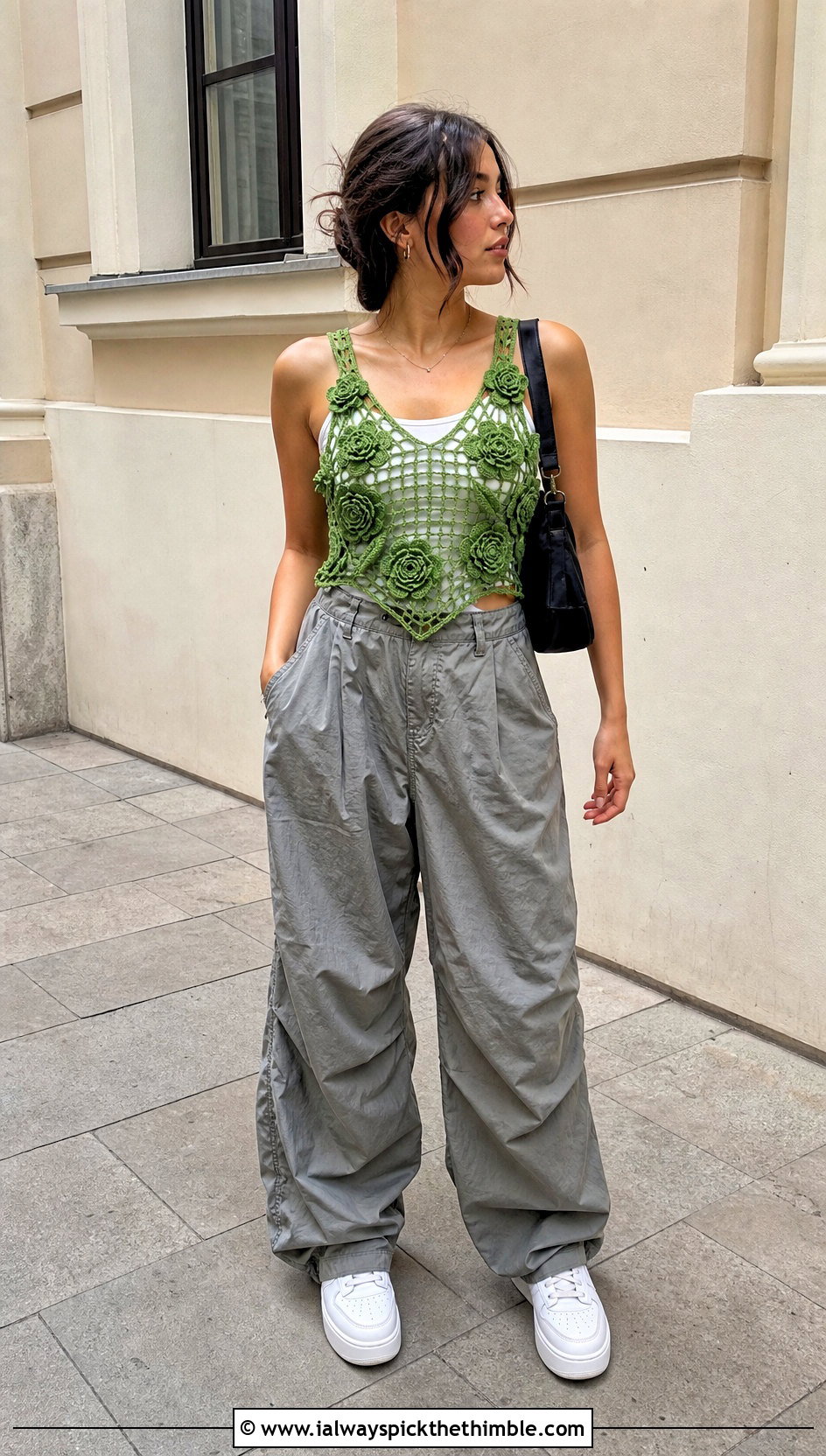 Flower Applique Crochet Fairy Grunge Top With Parachute Pants - 20 Crochet Fairy Grunge Top outfit ideas