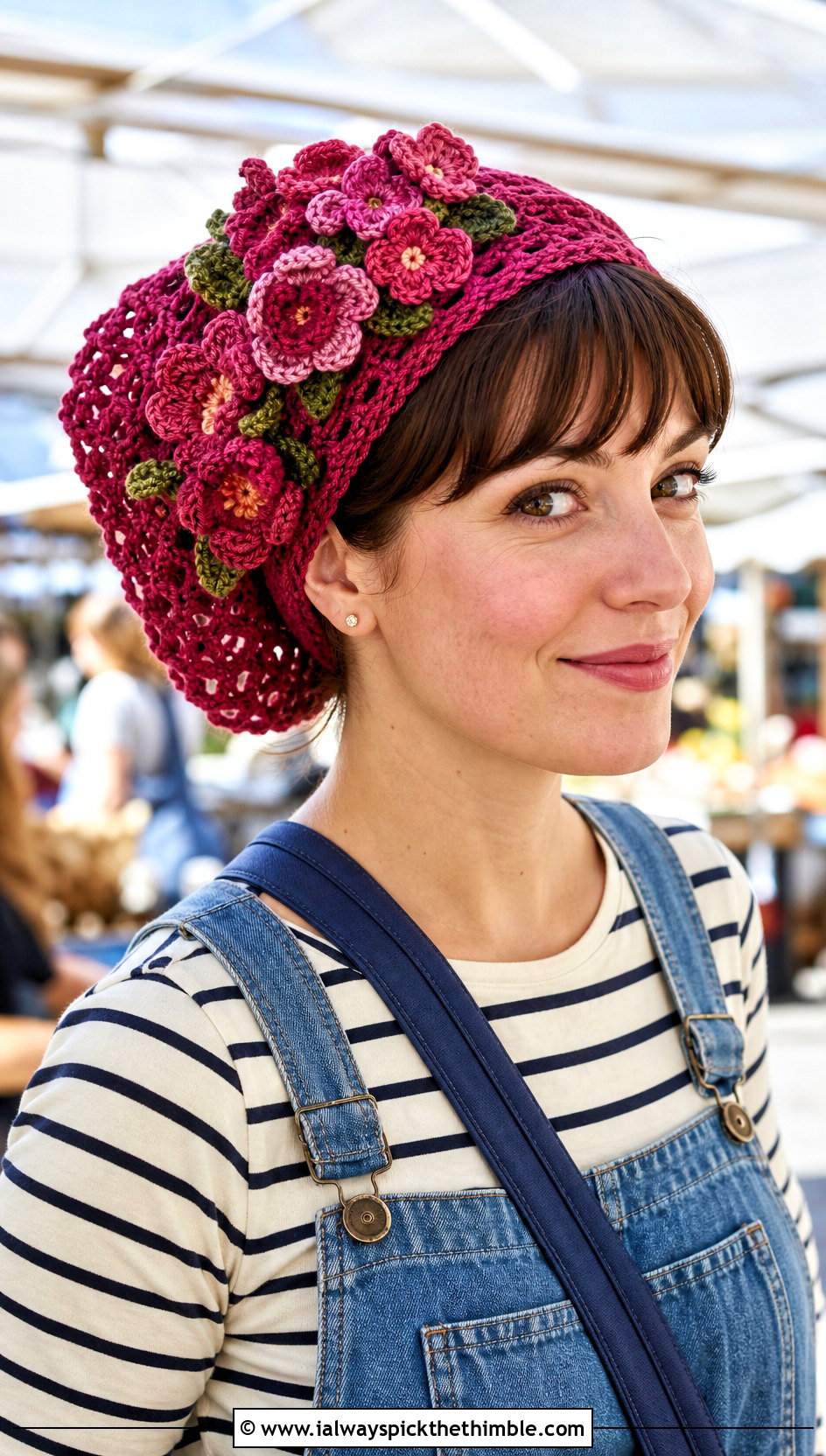 Flower Applique Crochet Hair Wrap With Denim Overalls - 20 crochet hair wraps outfit ideas