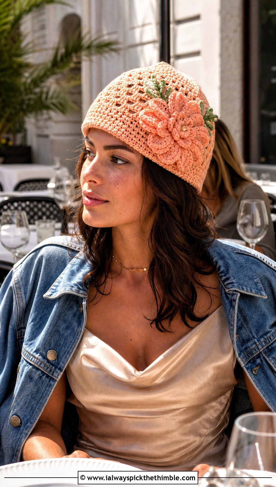 Flower Applique Crochet Hat With Slip Dress Outfit - 20 Crochet Womens Hat outfit ideas