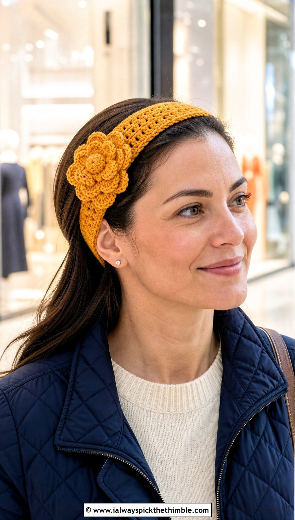 Flower Applique Crochet Headband With Quilted Jacket - 20 Easy Crochet Winter Headband outfit ideas