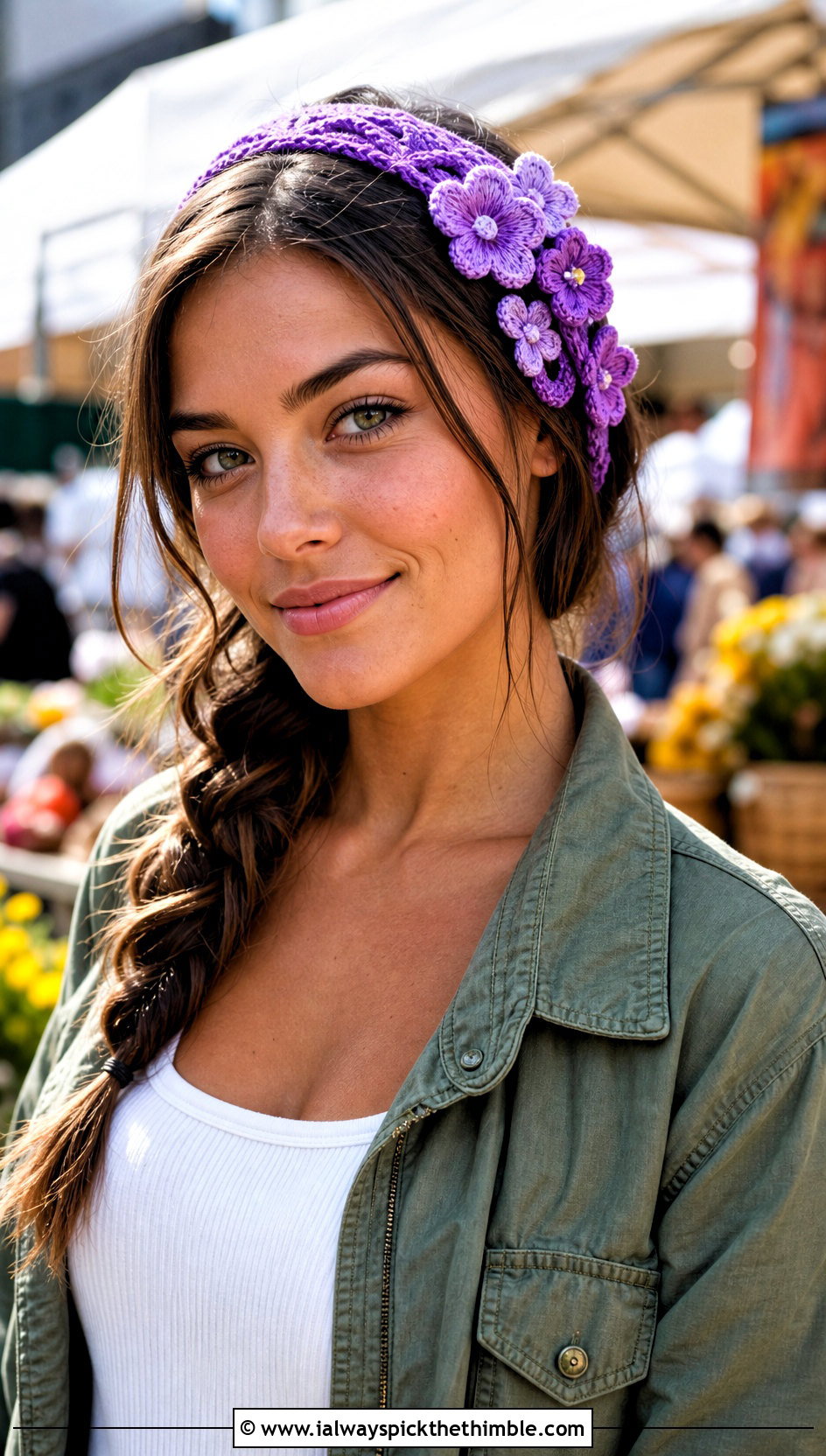 Flower Applique Crochet Headband With Utility Jacket - 25 crochet hair accessories head bands outfit ideas
