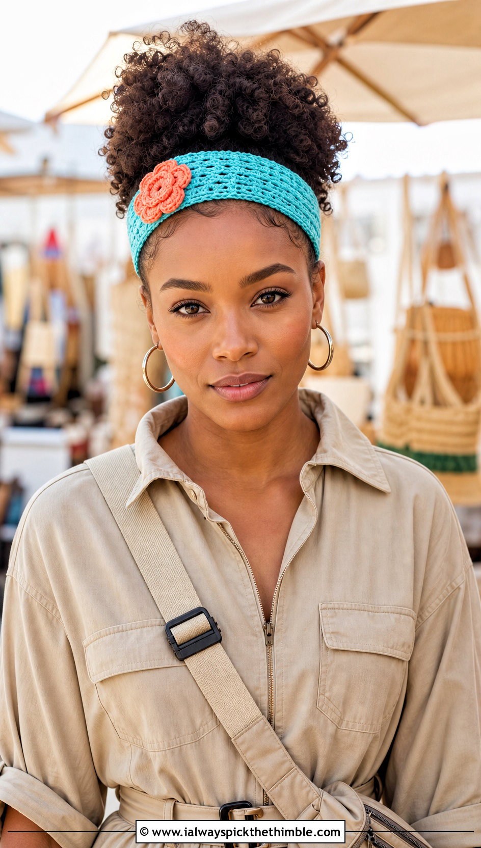 Flower Applique Crochet Headband With Utility Jumpsuit - 20 crochet headband curly hair outfit ideas