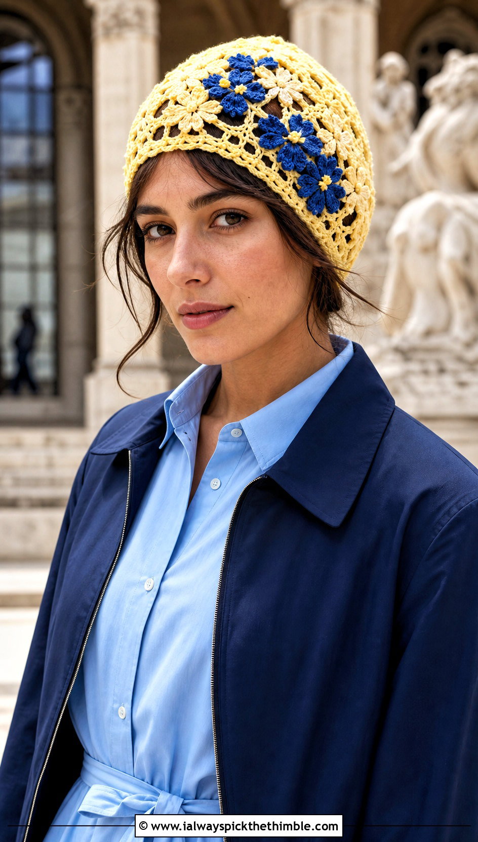 Flower Applique Crochet Lace Beanie With Shirt Dress - 20 crochet lace beanie outfit ideas