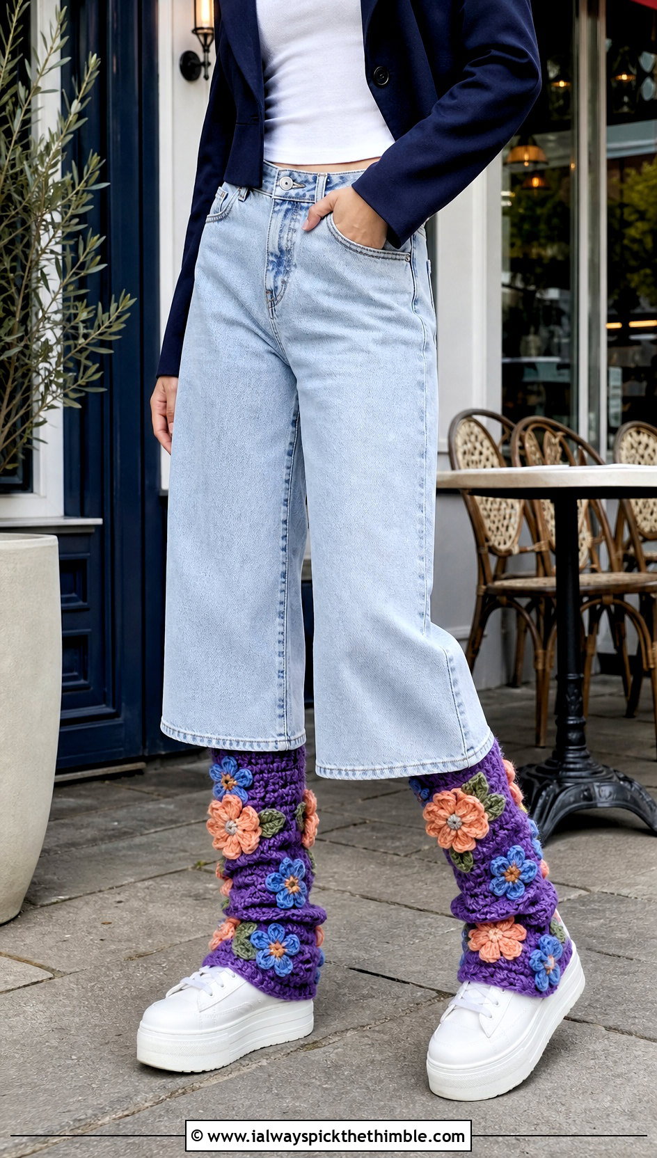 Flower Applique Crochet Leg Warmers With Wide Leg Jeans - 20 aesthetic crochet leg warmers outfit ideas
