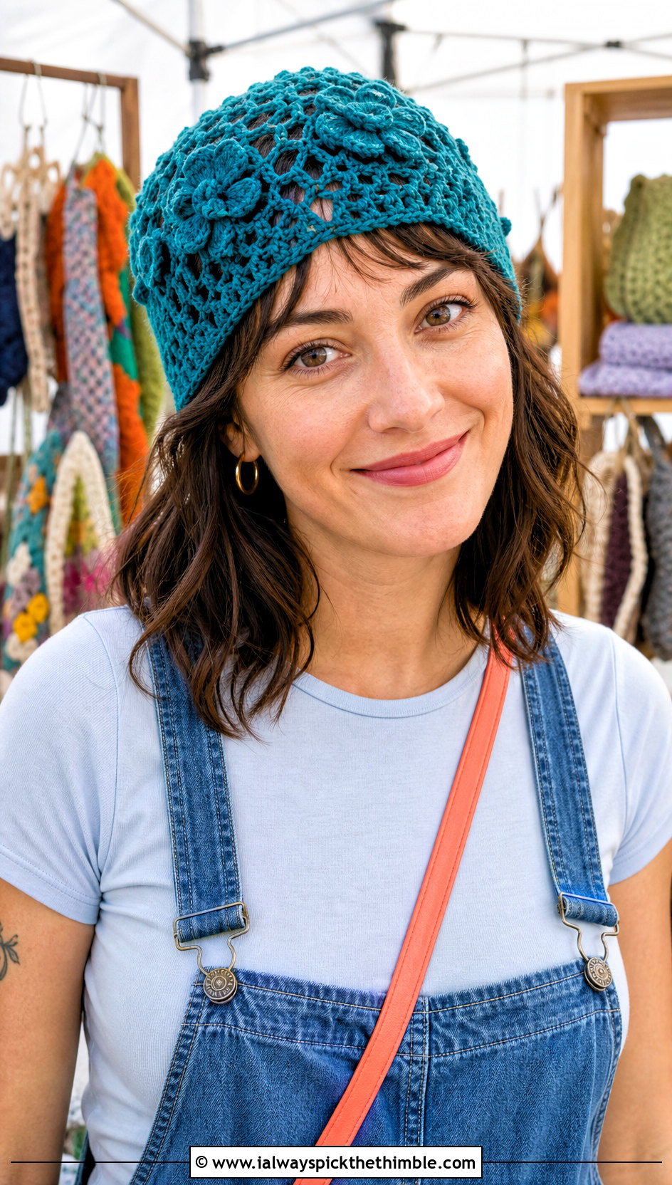 Flower Applique Crochet Mesh Beanie With Denim Overalls - 20 crochet mesh beanie outfit ideas