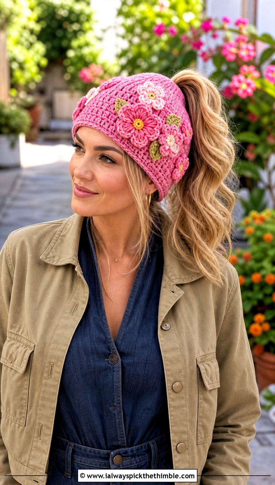 Flower Applique Crochet Ponytail Hat With Denim Skirt - 25 crochet ponytail hat outfit ideas