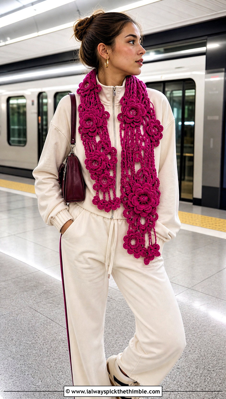 Flower Applique Crochet Scarf With Matching Tracksuit - 25 simple crochet scarf outfit ideas