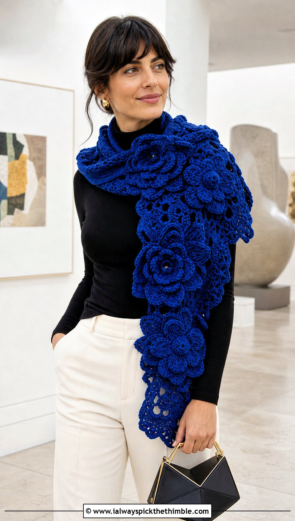 Flower Applique Crochet Scarf With Minimalist Outfit - 25 crochet scarves outfit ideas