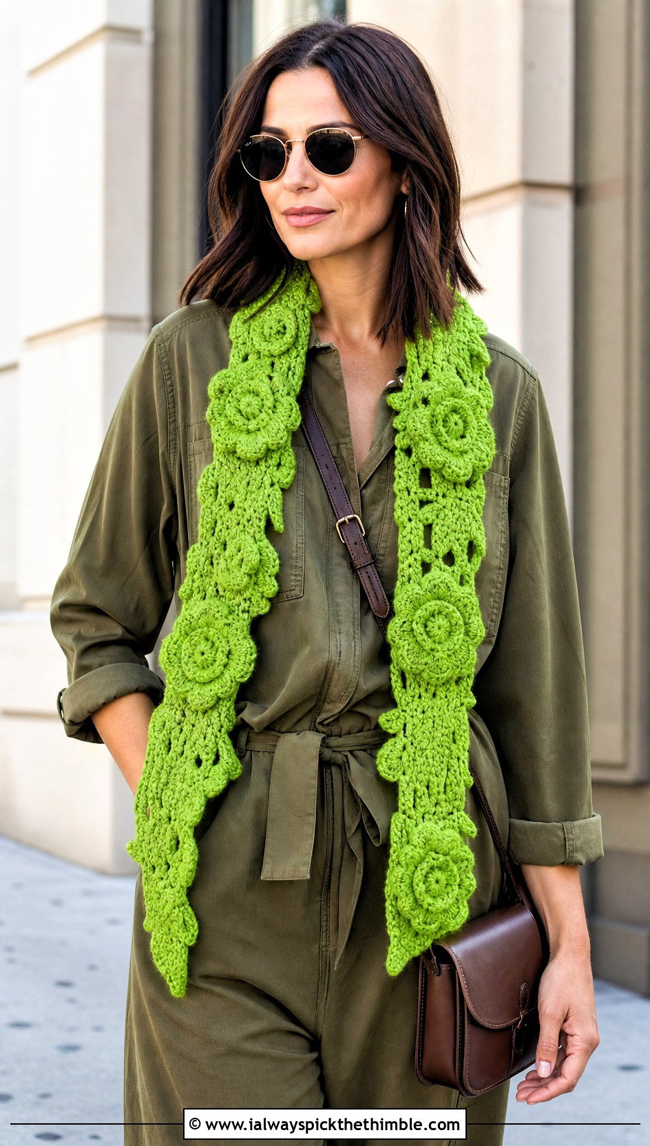 Flower Applique Crochet Scarf With Utility Jumpsuit - 20 Crochet Fun Scarf outfit ideas