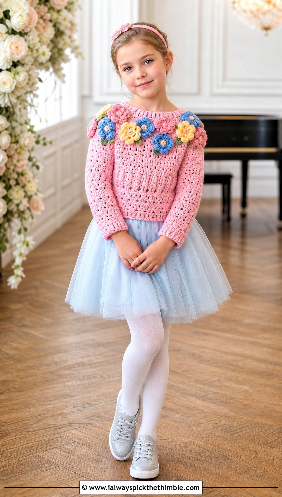 Flower Applique Crochet Sweater With Tulle Skirt - 15 Crochet Childs Sweater outfit ideas