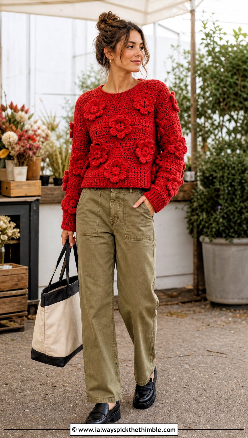 Flower Applique Crochet Sweater With Utility Pants - 20 Funky Crochet Sweater outfit ideas