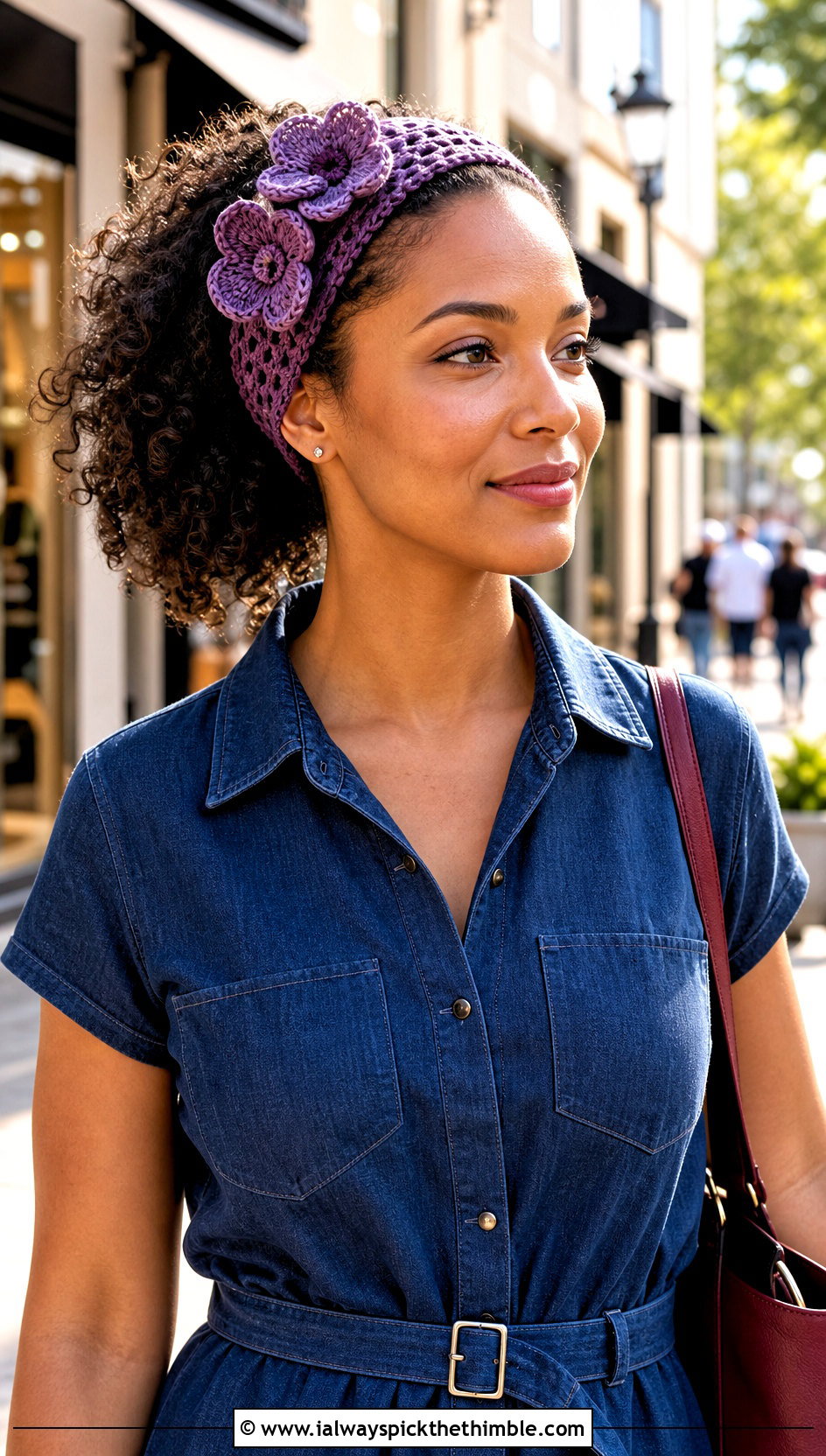 Flower Applique Crochet Tie Headband With Denim Dress - 25 crochet tie headband outfit ideas
