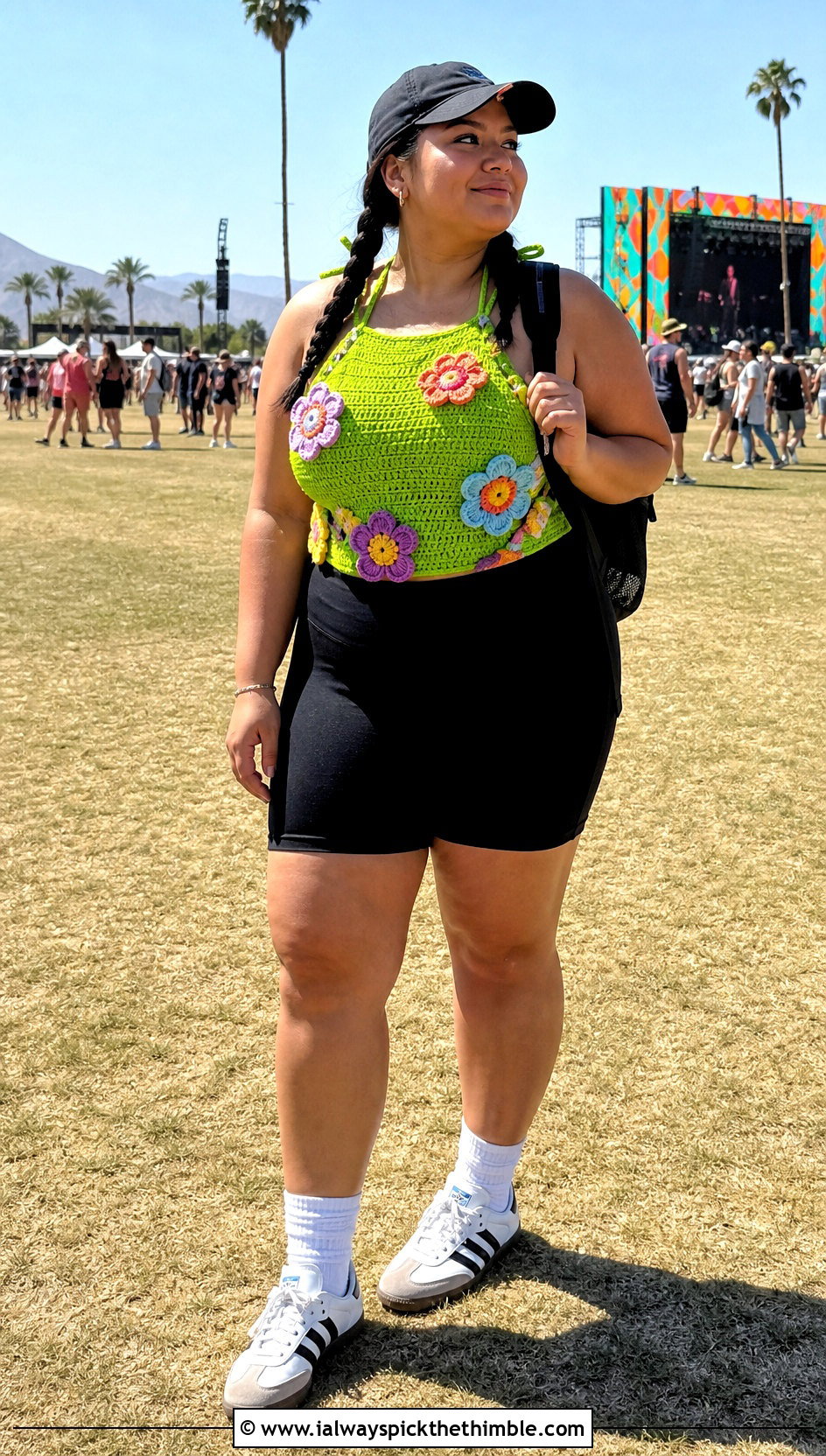 Flower Applique Crochet Top With Bike Shorts - 20 Festival Crochet Top outfit ideas