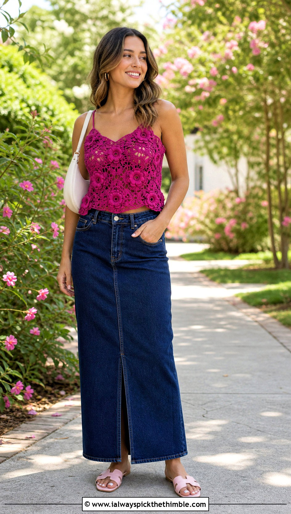 Flower Applique Crochet Top With Denim Maxi Skirt - 25 aesthetic crochet summer tops outfit ideas