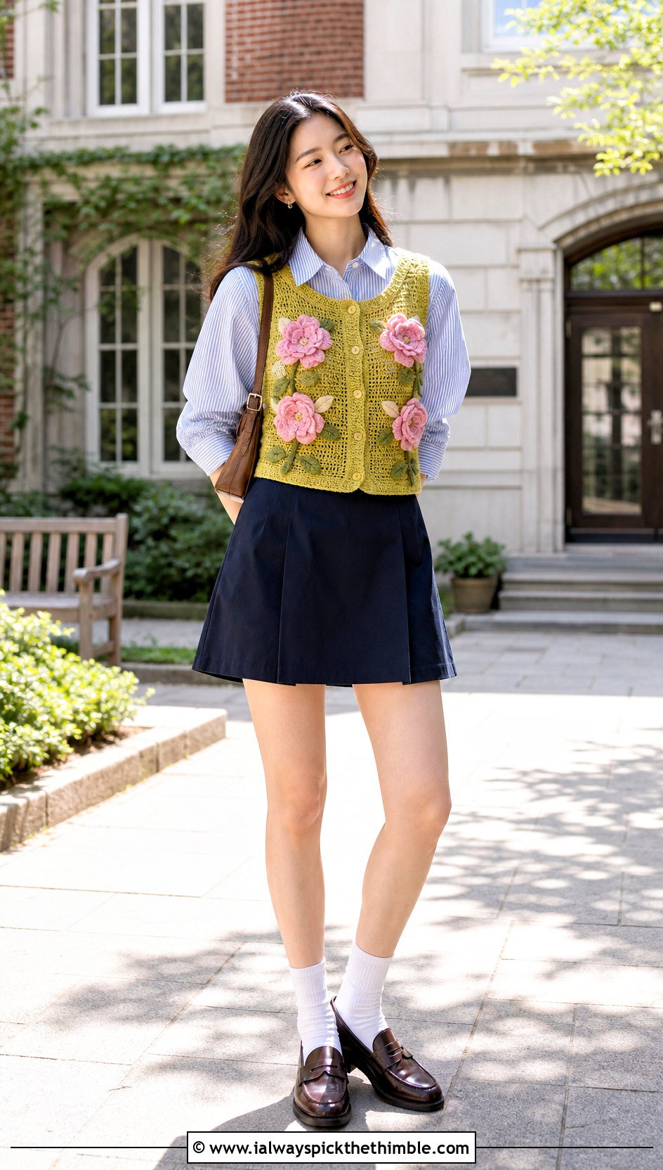 Flower Applique Crochet Vest With Striped Shirt - 25 whimsical crochet clothes and outfit ideas