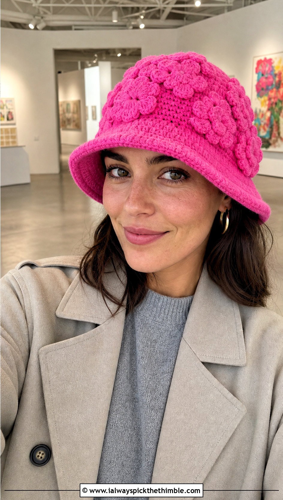 Flower Applique Crochet Winter Bucket Hat With Trench Coat - 25 crochet winter bucket hat outfit ideas
