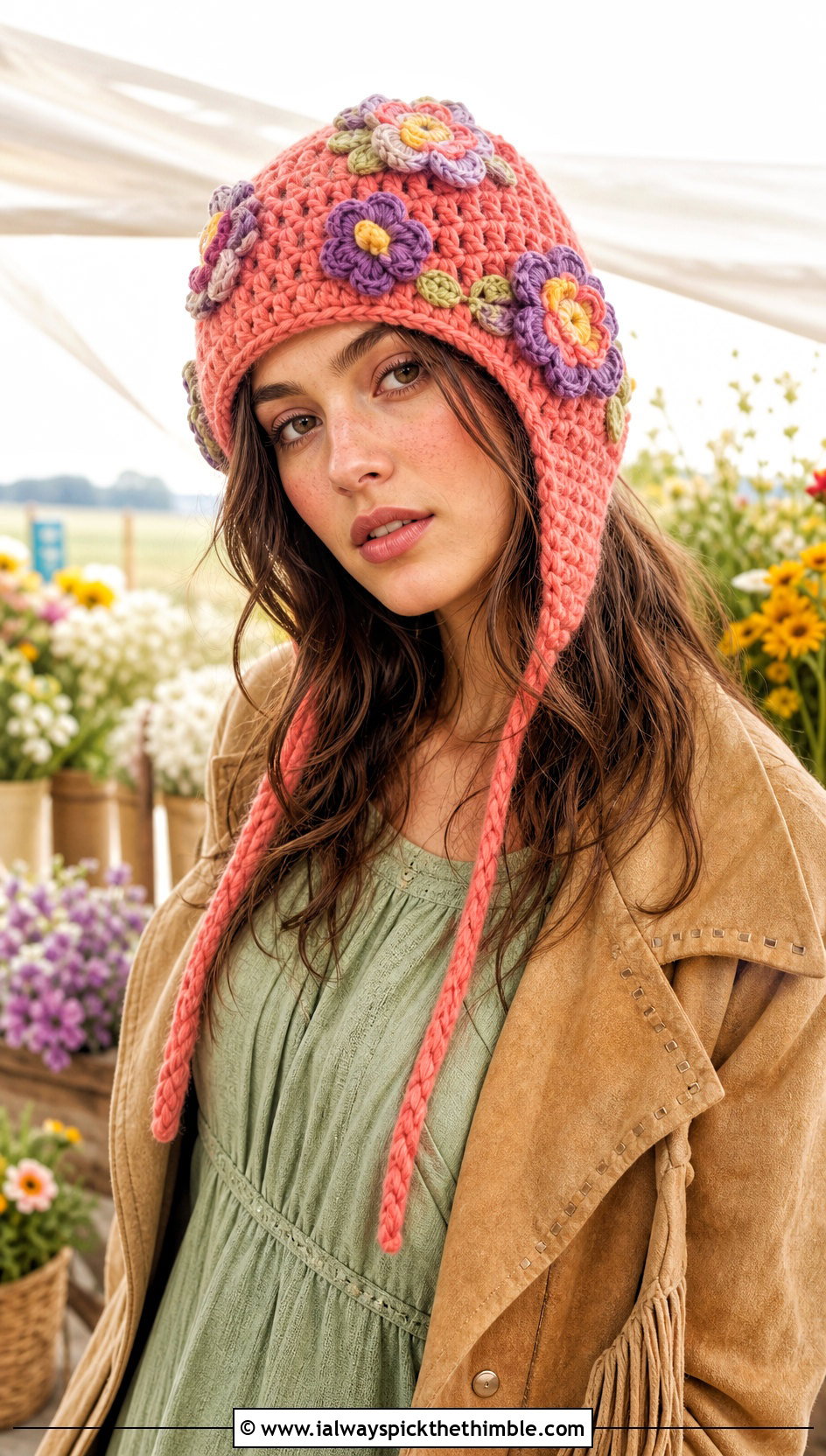 Flower Applique Earflap Crochet Beanie With Prairie Dress - 20 Earflap Crochet Beanie outfit ideas