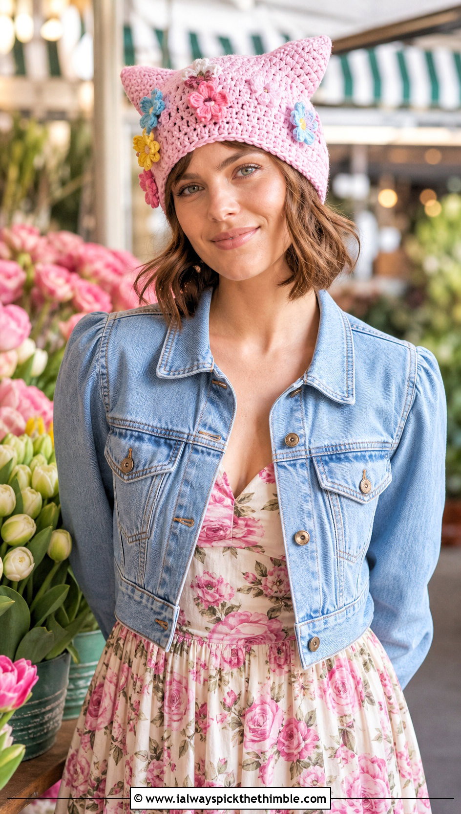 Flower Applique Finn Hat With Floral Midi Dress And Denim Jacket - 20 crochet adventure time finn hat outfit ideas