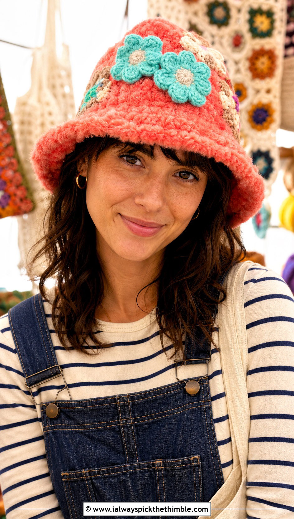 Flower Applique Fuzzy Crochet Bucket Hat With Overalls - 20 fuzzy crochet bucket hat outfit ideas
