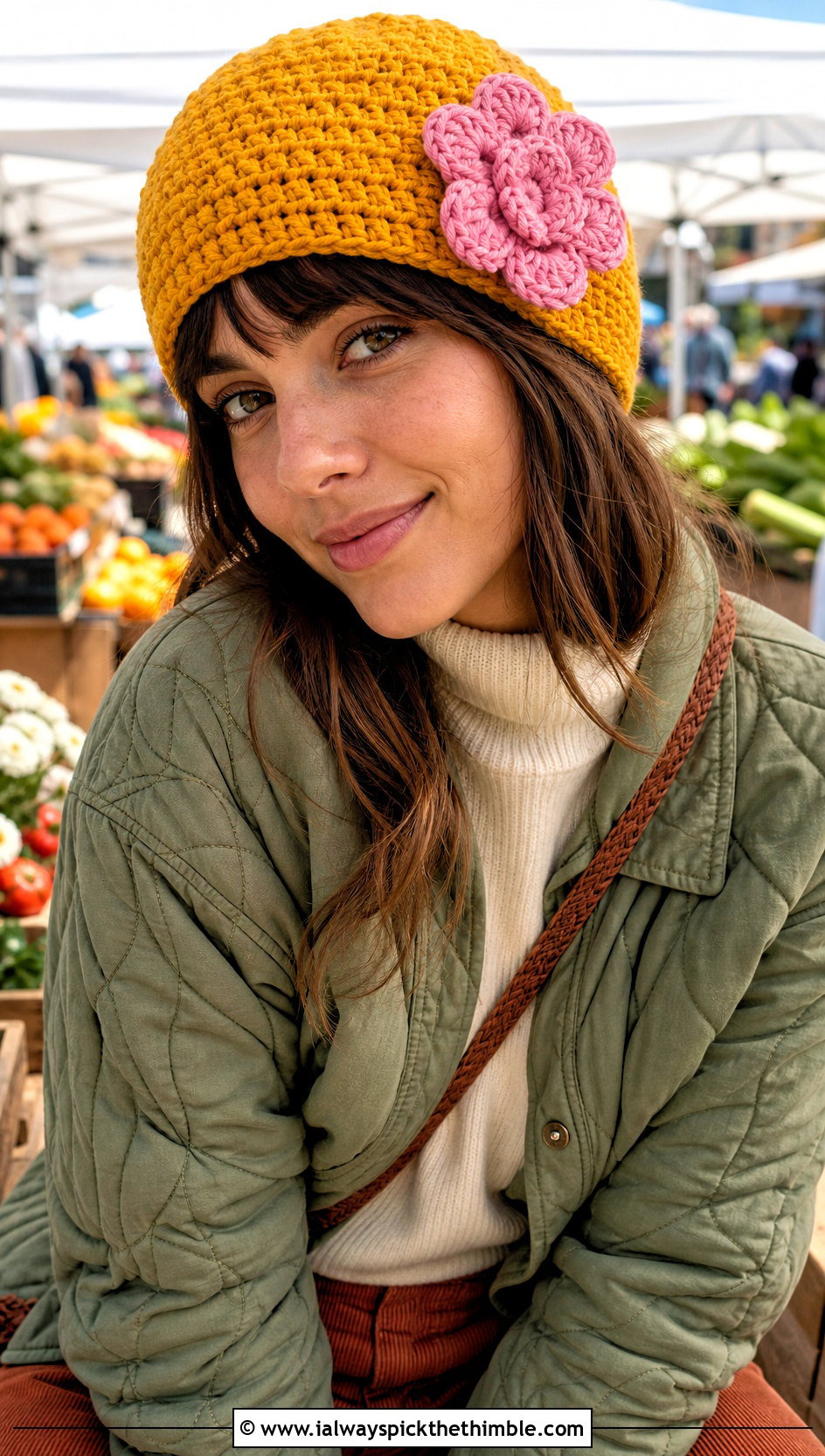 Flower Applique HDC Crochet Beanie With Quilted Jacket And Corduroy Pants - 20 hdc crochet beanie outfit ideas