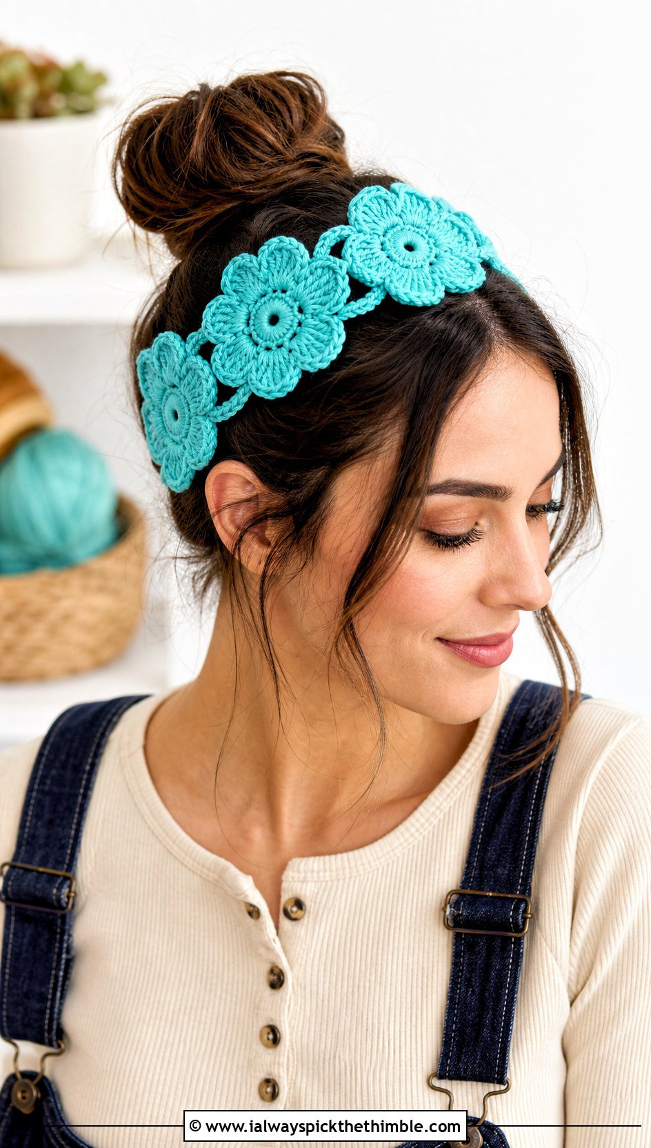 Flower Applique Headband With Denim Overalls - 20 Easy Crocheted Headbands Ear Warmers outfit ideas
