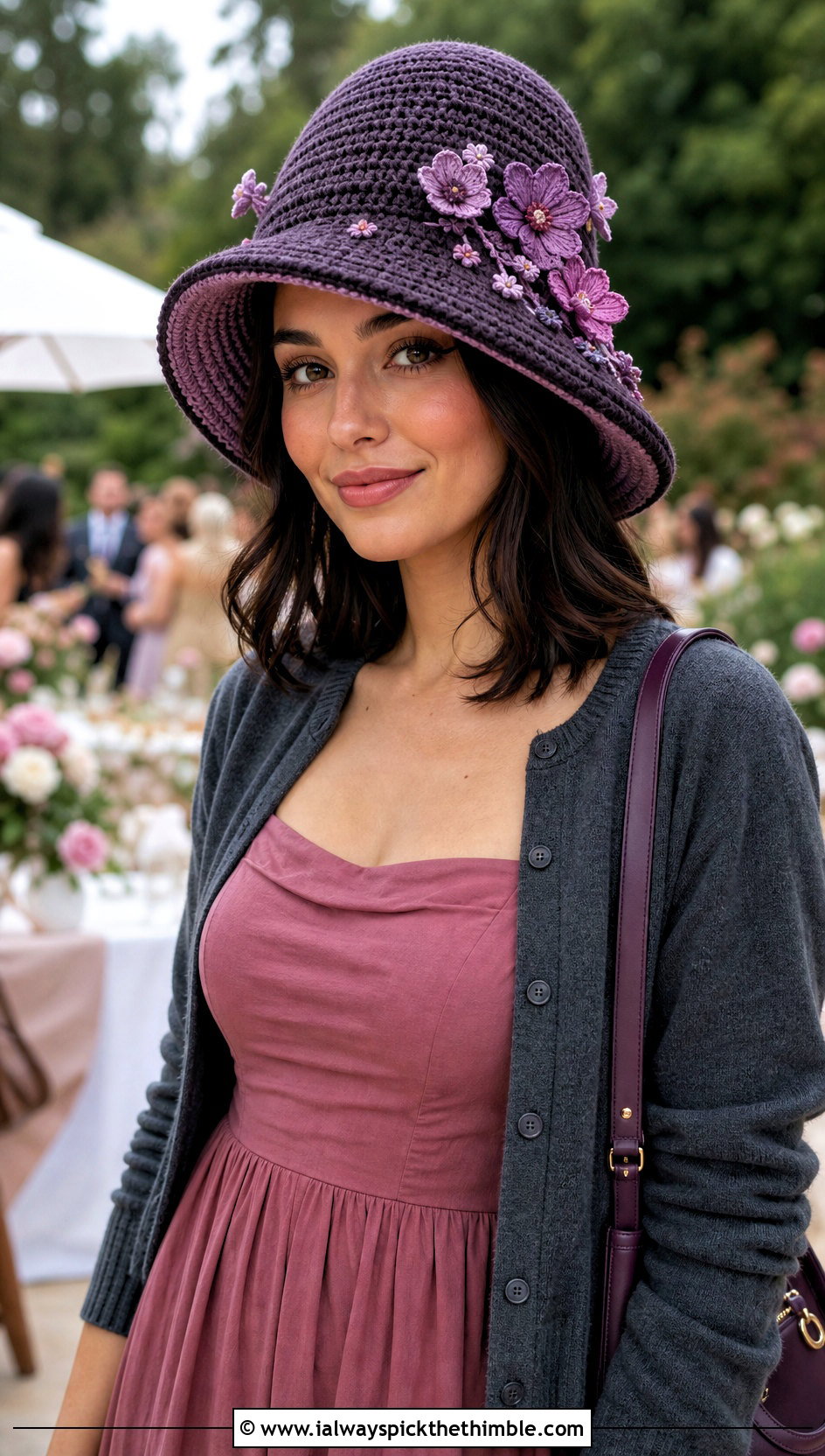 Flower Applique Mushroom Crochet Hat With Midi Dress - 25 crochet mushroom hat outfit ideas