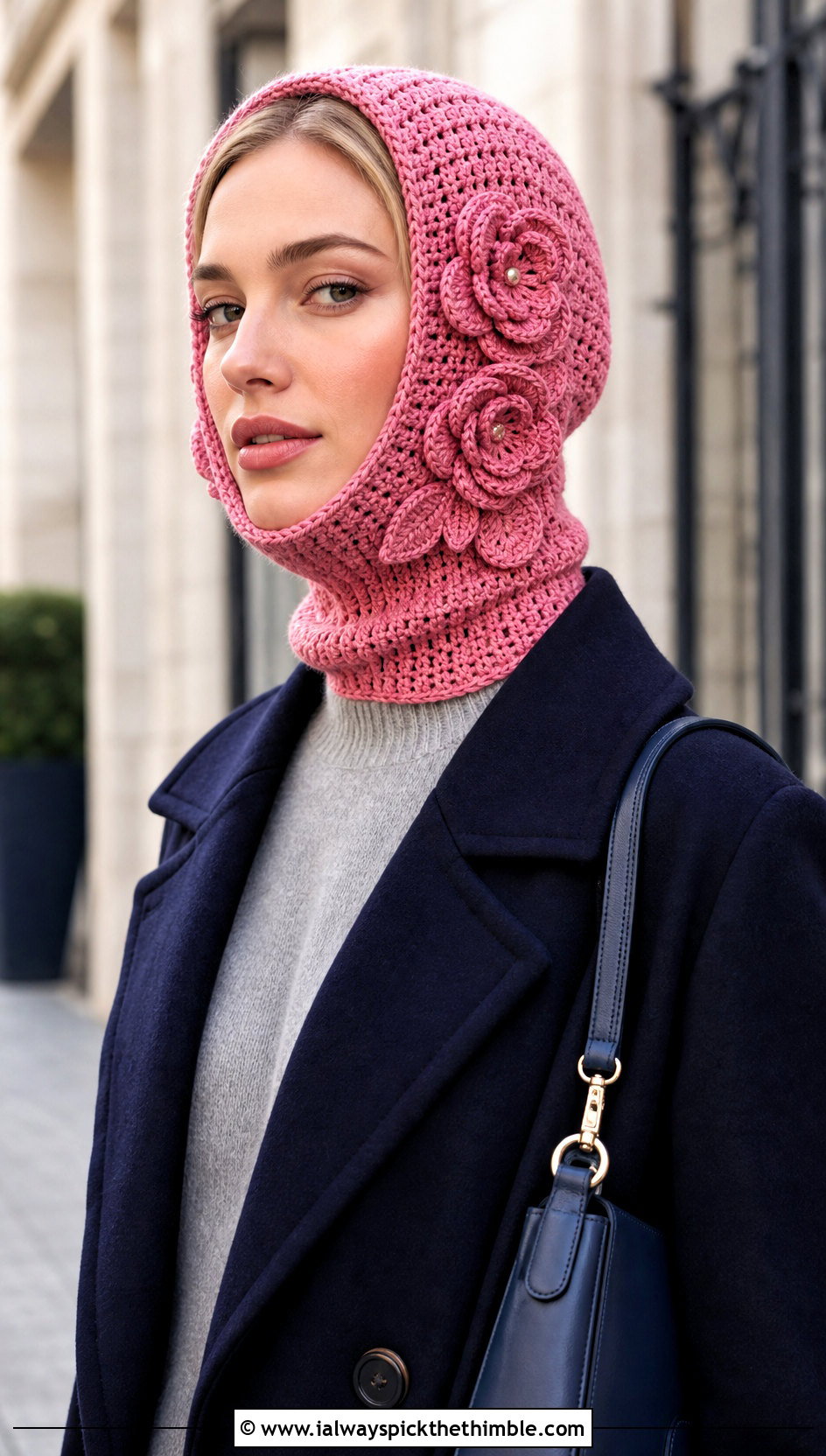 Flower Applique Pink Crochet Balaclava With Maxi Coat - 20 Pink Crochet Balaclava outfit ideas