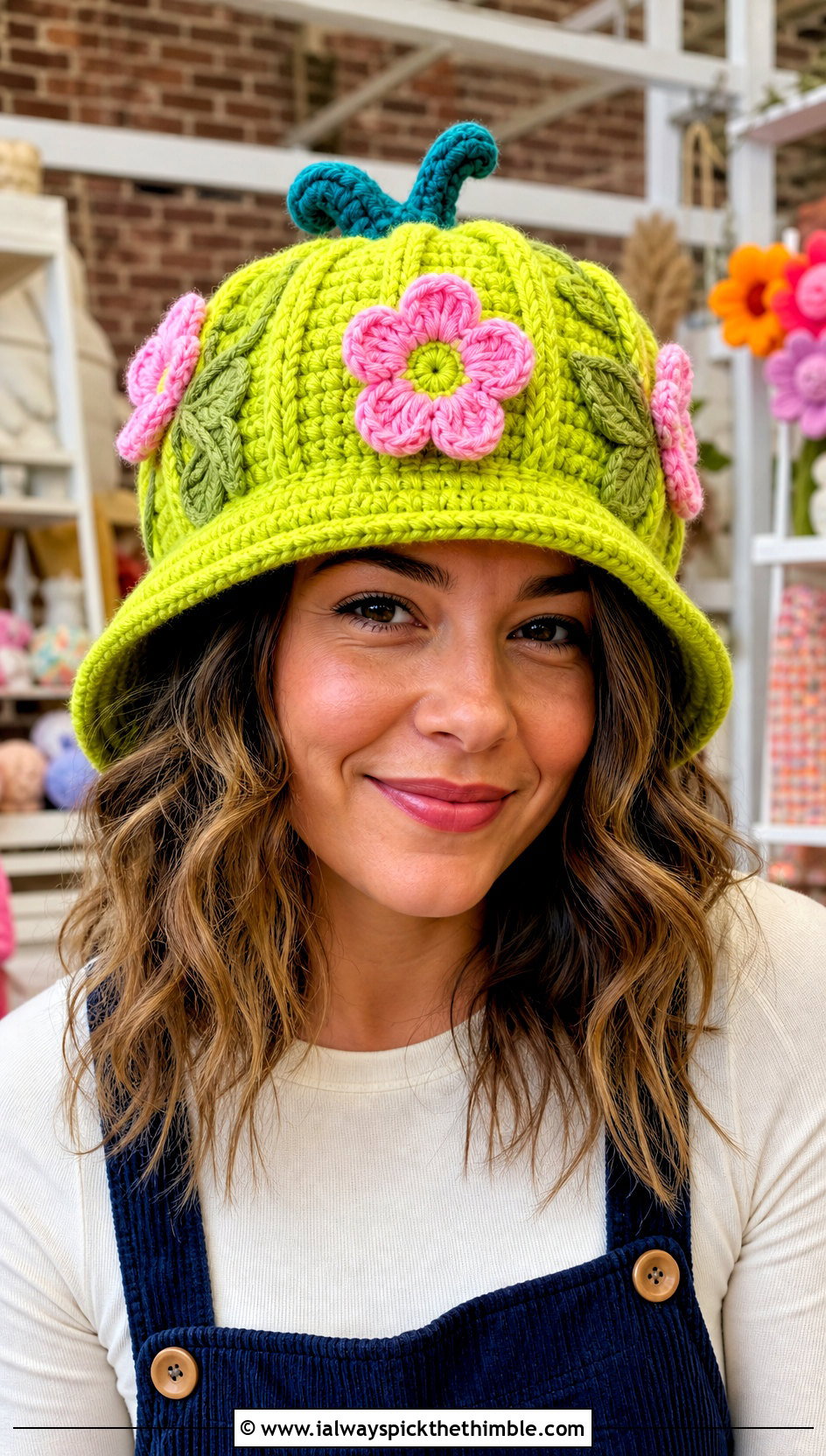 Flower Applique Pumpkin Bucket Hat With Pinafore Dress - 25 crochet pumpkin hat outfit ideas