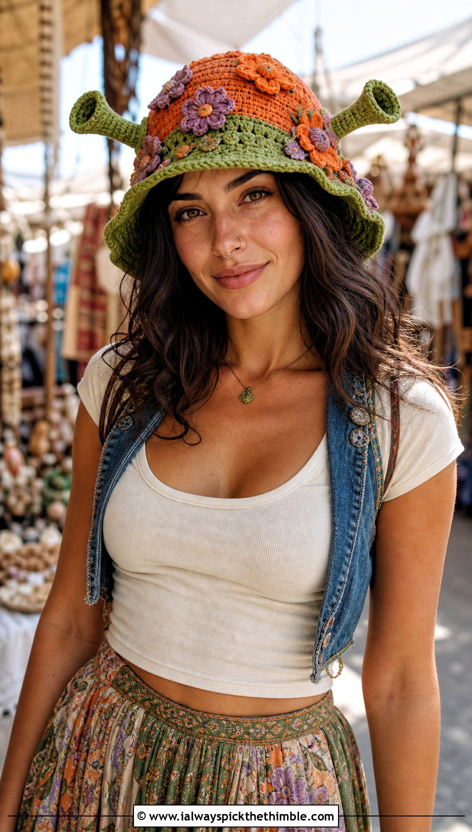Flower Applique Shrek Crochet Bucket Hat With Maxi Skirt - 20 shrek crochet bucket hat outfit ideas