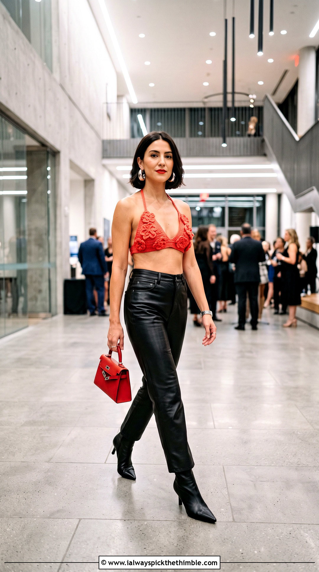 Flower Applique Triangle Crochet Top With Leather Pants - 25 crochet triangle top outfit ideas