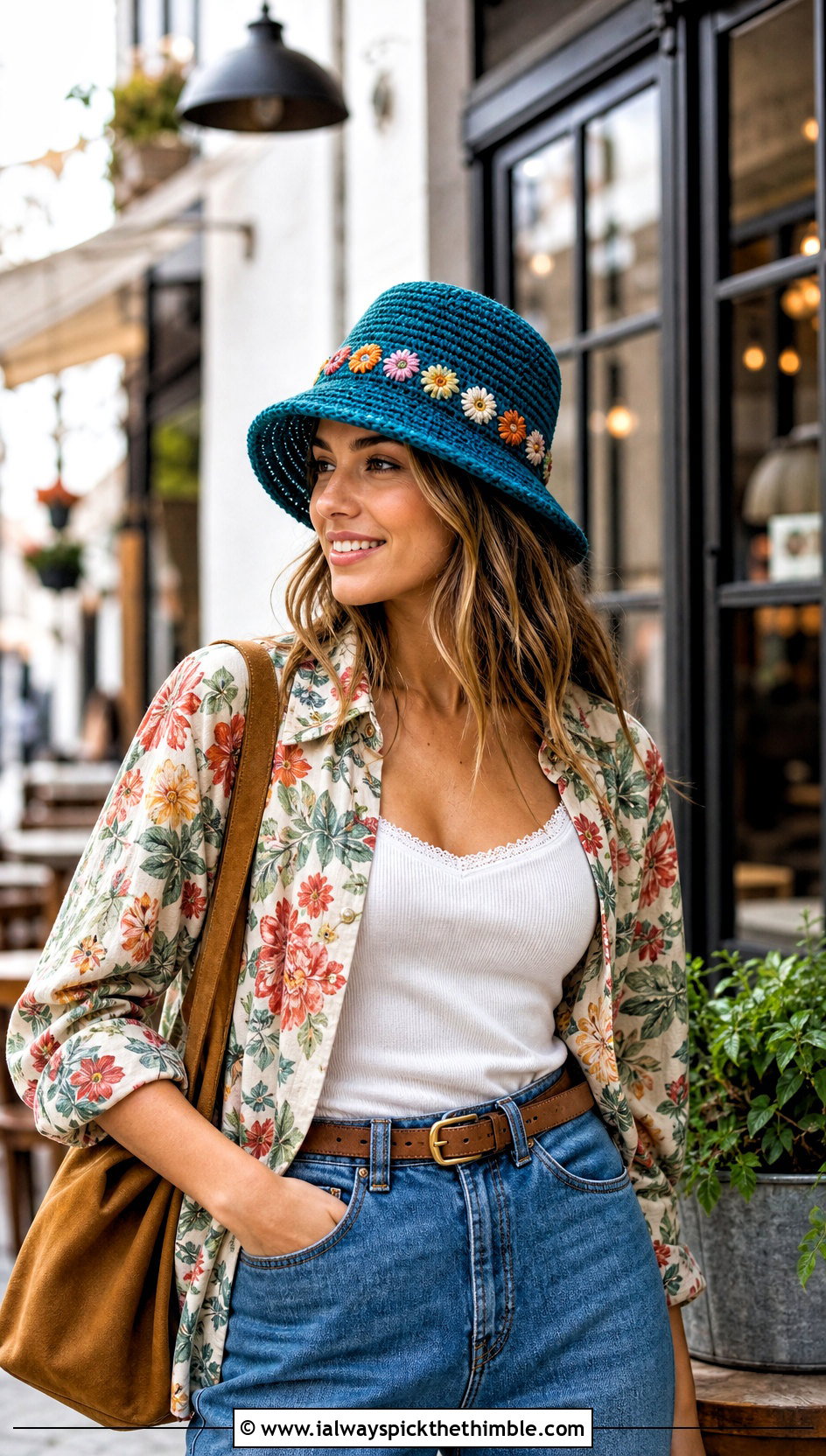 Flower Band Crochet Bucket Hat With Floral Shirt And Jeans - 15 crochet bucket hat with floral outfit ideas