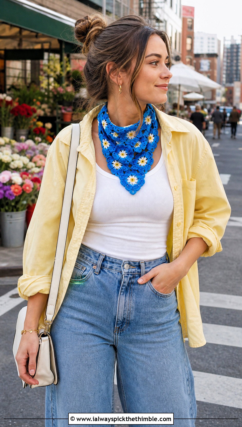 Flower Bandana Crochet Scarf With Tank And Barrel Jeans - 25 crochet flower scarf outfit ideas