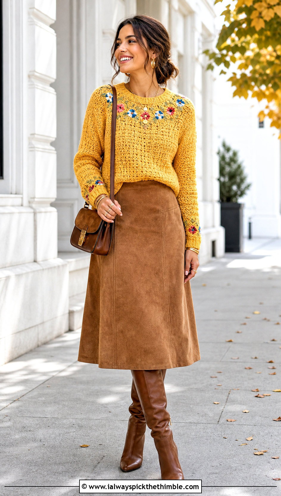 Flower Border Crew Neck Sweater With Suede Midi Skirt - 20 crochet flower sweater outfit ideas
