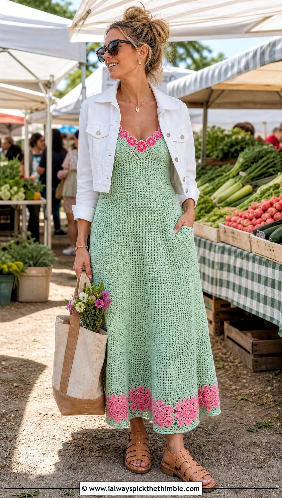 Flower Border Crochet Sundress With Fisherman Sandals - 25 Crochet Flower Dress outfit ideas