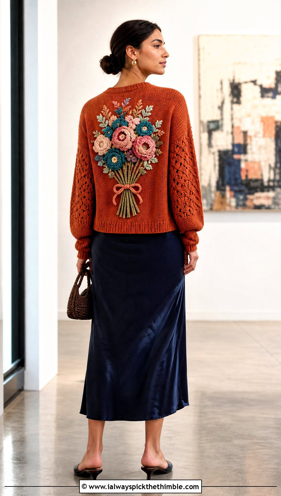 Flower Bouquet Back Cardigan With Slip Dress - 25 crochet sweater with flowers outfit ideas